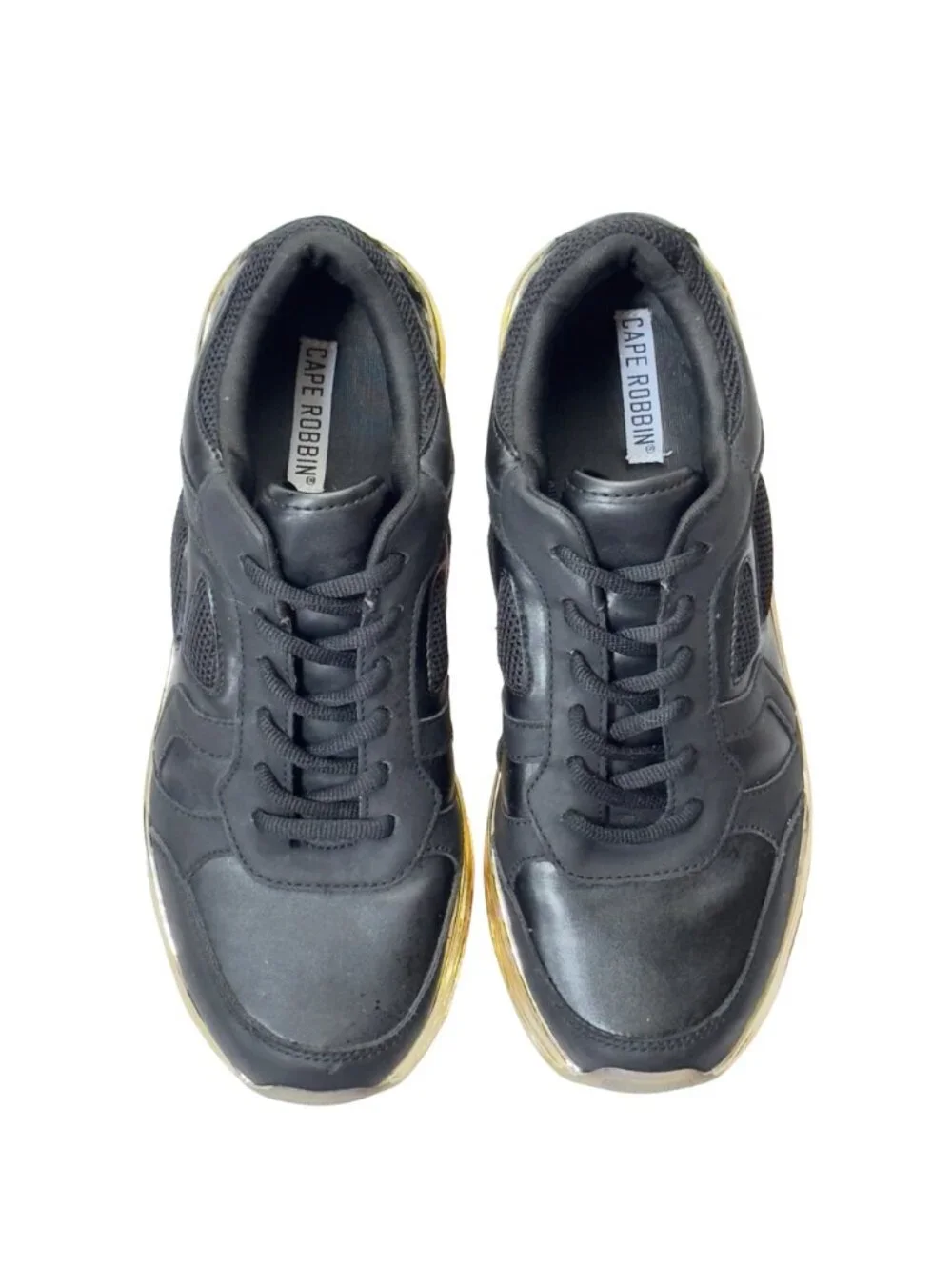 CAPE ROBBIN Attitude C Womens Shoes Black Faux Leather Sneakers Gold-tone Size 9
